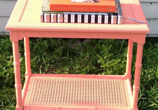DIY-faux-bamboo-side-table-coral-painted-makeover